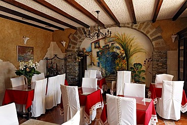 Decorated breakfast room, chairs with chair covers, Le Grand Hotel Bormes-les-Mimosas hotel, Provence-Alpes-Cote d'Azur region, department of Var, France, Europe