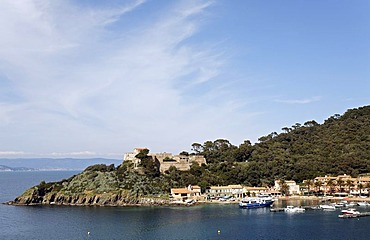 Harbour and Fort du Moulin fortress, Port-Cros National Park, Iles d'Hyeres islands, Provence-Alpes-Cote d'Azur, France, Europe