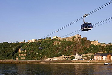 View of the cable car and Festung Ehrenbreitstein fortress, connection of Festung Ehrenbreitstein fortress and Koblenz, Federal Horticulture Show BUGA 2011, Koblenz, Rhineland-Palatinate, Germany, Europe