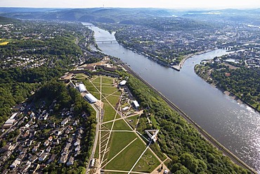 Aerial view, Bundesgartenschau, Federal Garden Show, BUGA 2011, themed gardens, Ehrenbreitstein Fortress, looking towards Deutsches Eck, the confluence of the Moselle and Rhine rivers, Koblenz, Rhineland-Palatinate, Germany, Europe