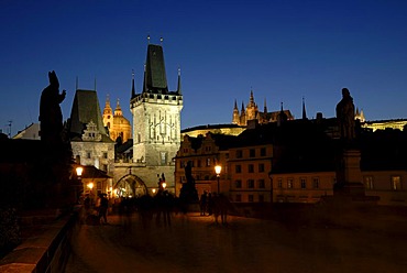 View on the Powder Tower from the Charles Bridge, Prague, Czech Republic, Europe