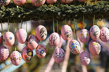 Easter eggs, Easter fountain, Bieberbach, Franconian Switzerland, Upper Franconia, Franconia, Bavaria, Germany, Europe