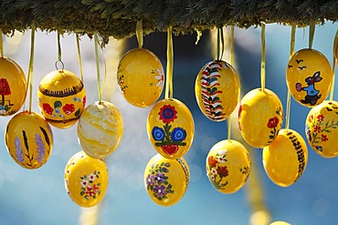 Easter eggs, Easter fountain, Bieberbach, Franconian Switzerland, Upper Franconia, Franconia, Bavaria, Germany, Europe