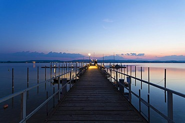 The jetty from Iznang in the first morning light, Iznang, Lake Constance, Konstanz district, Baden-Wuerttemberg, Germany, Europe