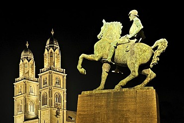 Equestrian statue of the military leader and mayor Hans Waldmann on the Muensterbruecke bridge, unveiled in 1937, in the back the twin towers of the Grossmuenster great minster, Zurich, Canton Zurich, Switzerland, Europe