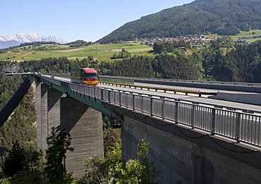 Truck on the Europabruecke bridge on the Brennerautobahn motorway, Austria, Europe