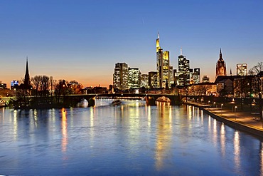 Skyline with Commerzbank Tower, European Central Bank, ECB, Hessische Landesbank, Cathedral, Opera Tower and Deutsche Bank buildings behind Alte Bruecke bridge, Frankfurt, Hesse, Germany, Europe