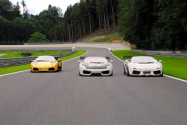 Test run of the three Reiter Engineering Lamborghini cars, Murcielago, left, Gallardo GT3, middle, Gallardo GT2, right, at Salzburg Ring race track, Salzburg, Austria, Europe