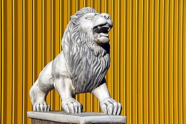 Large lion sculpture in front of yellow metal panels, Herbolzheim, Baden-Wuerttemberg, Germany, Europe