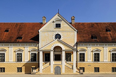 Entrance facade, Old Schleissheim Palace, 1617 - 1623, Max-Emanuel-Platz square 1, Oberschleissheim, Bavaria, Germany, Europe