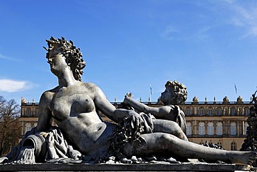 Mythological statue on the Fortuna fountain, by Wilhelm von Ruemann, built between 1884 and 1885, in front of Herrenchiemsee Palace, Herreninsel island, Bavaria, Germany, Europe