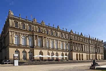 West facade with palace cafe, Schloss Herrenchiemsee palace, Herrenchiemsee, Bavaria, Germany, Europe