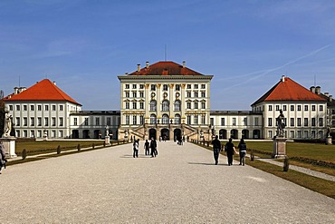 General view of Schloss Nymphenburg Palace with palace gardens, Schlossrondell, Munich, Bavaria, Germany, Europe