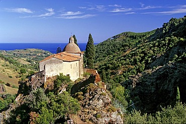 Madonna di Montserrat pilgrimage church, hill, valley, Mediterranean Sea, island of Elba, Tuscany, Italy, Europe