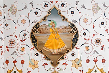 Rajput, wall painting, Rambagh Palace Hotel, Rajasthan, India, Asia