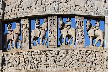 Equestrian figures, ornaments, Stupa of Sanchi, UNESCO World Heritage Site, Madhya Pradesh, India, Asia