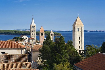 Bell towers of the churches of St. Justin, St. Mary and the St. Andrew's monastery, Rab, Rab island, Kvarner Gulf, Croatia, Europe