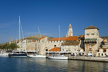 Sailing boats, Riva promenade, city walls, old town, UNESCO World Heritage Site, Trogir, Dalmatia, Croatia, Europe