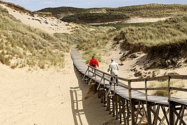 Two hikers in the dunes of Amrum, North Frisian Islands, Schleswig-Holstein, Germany, Europe