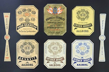 Old Akvavit labels, Aalborg Akvavit spirits factory, Aalborg, North Jutland, Denmark, Europe