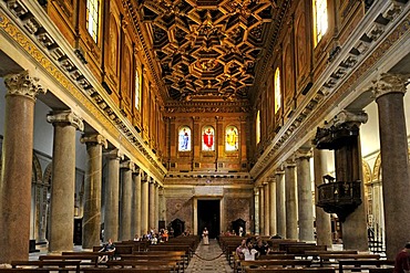 Nave with antique Ionic columns and coffered ceiling by Domenichino, Basilica Santa Maria in Trastevere, Rome, Lazio, Italy, Europe