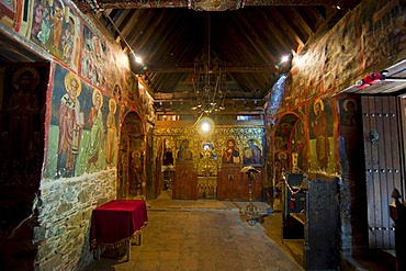 Byzantine frescoes in a painted barn-roofed Greek Orthodox church, UNESCO World Heritage Site, Troodos Mountains, Cyprus