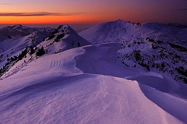 Mountain panorama at the blue hour in winter, Baad, Kleinwalsertal, Vorarlberg, Austria, Europe