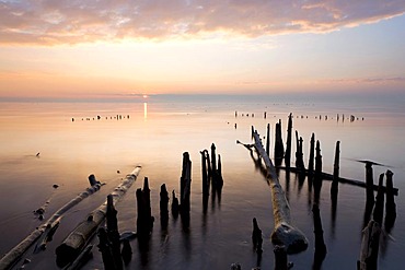 Evening mood at a wharf with ice on Lake Constance near Allensbach, Baden-Wuerttemberg, Germany, Europe