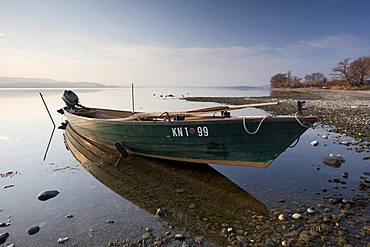 Fishing boat on Lake Constance at the island of Reichenau, Baden-Wuerttemberg, Germany, Europe