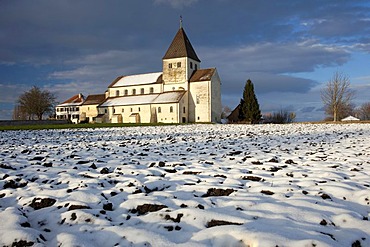 Church of St. George in winter, Reichenau island, Lake Constance, Baden-Wuerttemberg, Germany, Europe