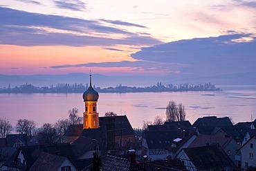 View of Allensbach and Reichenau island in the evening light with a frozen Lake Constance, Baden-Wuerttemberg, Germany, Europe