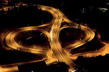 Weidachknoten junction near the Pfaendertunnel tunnel at night with lights, Bregenz, Austria, Europe