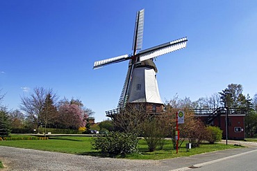 Historic windmill with wind rose built in a typical Dutch style, Artlenburg windmill, Elbuferstrasse, Artlenburg, Lueneburg district, Lower Saxony, Germany, Europe