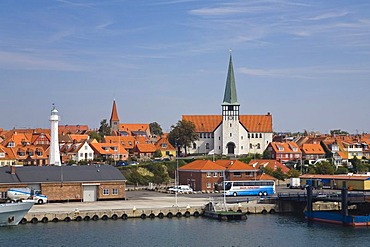 Timber-frame houses, lighthouse and church Skt. Nicolaj Kirke in Ronne, Bornholm, Denmark, Europe