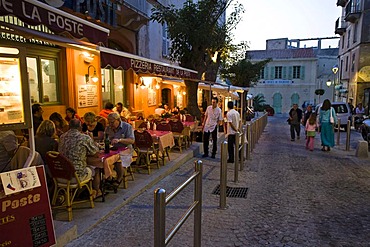 Restaurant, blue hour, Bonifacio, south coast, Corsica, France, Europe