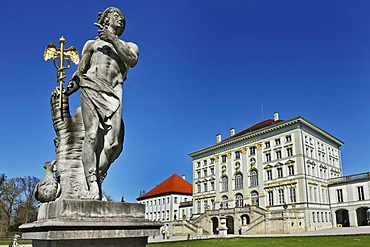 Statue of Mercury by Roman Anton Boos, 1778, Schlosspark Nymphenburg Castle palace grounds, Munich, Bavaria, Germany, Europe