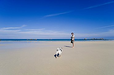 Woman with a Jack Russell on the beach near Kerbrat, Cleder, Finistere, Brittany, France, Europe