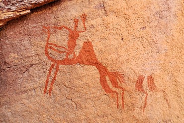 Camel rider, neolithic rockart of the Acacus Mountains or Tadrart Acacus range, Tassili n'Ajjer National Park, Unesco World Heritage Site, Algeria, Sahara, North Africa