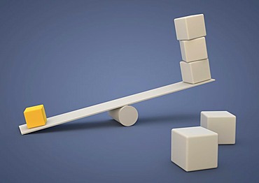 Seesaw out of balance, small cube weighing more than many large cubes, symbolic image for imbalance or dominance, 3D illustration