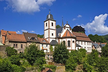 Town view with the Catholic Herz-Jesu-Kirche church, Neckarsteinach, Hesse, Germany, Europe