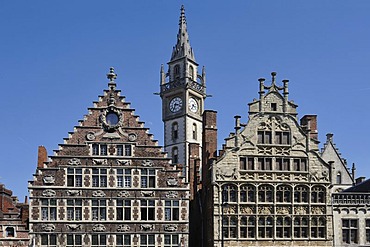 Facades of the Korenlei with the tower of the former post office at back, Ghent, Flanders, Belgium, Europe