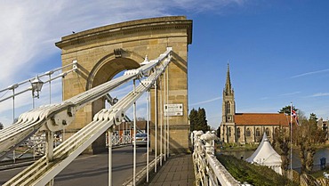 Marlow Suspension Bridge and All Saints Church by Thames river, Marlow, Buckinghamshire, England, United Kingdom, Europe