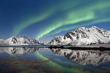 Northern lights, aurora borealis, seen from LyngvÃŠrstranda on the Island of AustvÃ‚goya, overlooking Gimsoystraumen Fjord, Lofoten Islands, North Norway, Norway, Europe