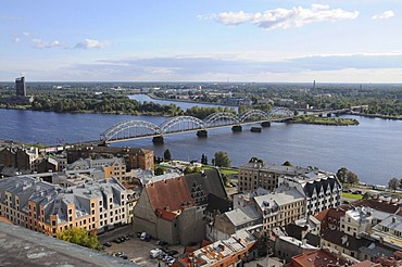 Railway bridge across the Daugava River, view of Riga, historic district, Latvia, Baltic states, Northern Europe