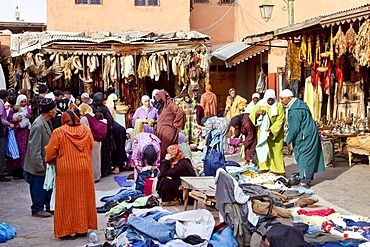 Clothing market in the souk, in the Medina, historic district in Marrakech, Morocco, Africa