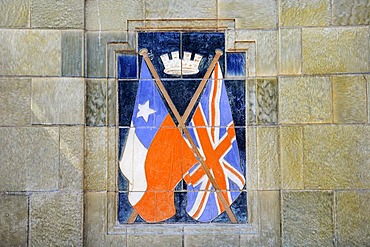 Chilean and British flags with crown, coat of arms, Big Ben clock tower, national monument, Plaza Colon, Plaza de Armas square, Antofagasta, Norte Grande region, Northern Chile, Chile, South America