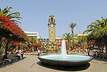 Fountain and Big Ben clock tower, national monument, Plaza Colon, Plaza de Armas square, Antofagasta, Norte Grande region, Northern Chile, Chile, South America