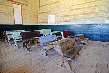 Old school desks, benches, school, Humberstone, salpetre works, abandoned salpetre town, ghost town, desert, museum, UNESCO World Heritage Site, Iquique, Norte Grande region, Northern Chile, Chile, South America