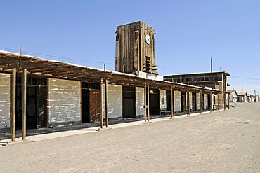 Plaza, square, buildings, street, clock tower, Humberstone, salpetre works, abandoned salpetre town, ghost town, desert, museum, UNESCO World Heritage Site, Iquique, Norte Grande region, Northern Chile, Chile, South America