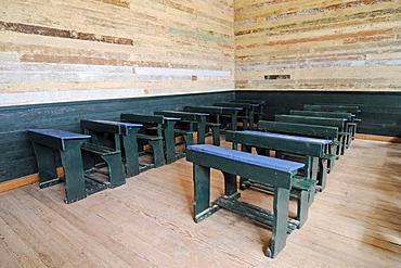 Old school desks, benches, school, Humberstone, salpetre works, abandoned salpetre town, ghost town, desert, museum, UNESCO World Heritage Site, Iquique, Norte Grande region, Northern Chile, Chile, South America